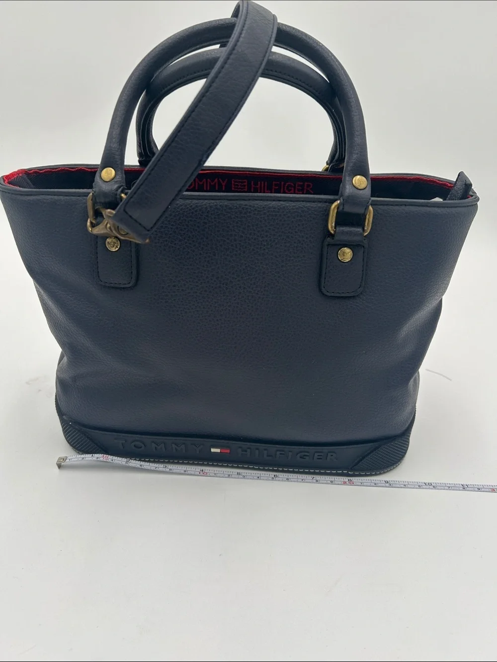 Y2K Tommy Hilfiger Navy Pebbled Leather Tote Bag  Detachable Crossbody Strap